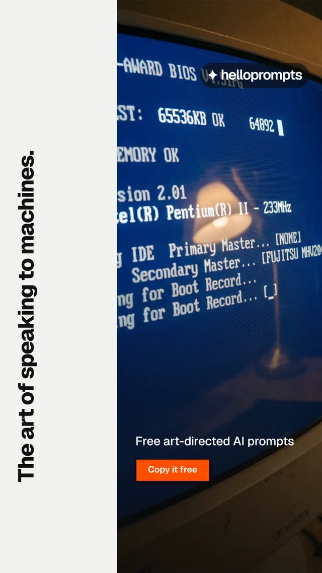 Instagram story for HelloPrompts: "The art of speaking to machines." Brutalist style, vertical layout, light palette in white, blue, black.