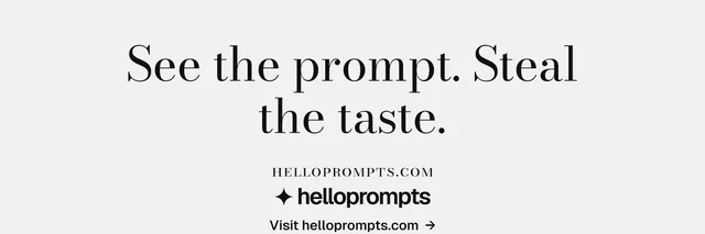 X header for HelloPrompts: "See the prompt. Steal the taste." Minimal luxury style, smallcaps layout, light palette in white, grey.