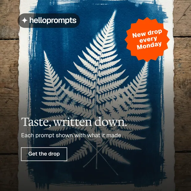 Instagram post for HelloPrompts: "Taste, written down." Editorial style, sticker layout, dark palette in blue, black, grey.