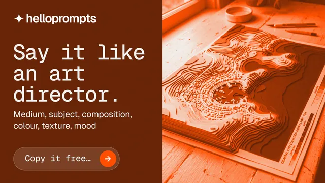 Landscape graphic for HelloPrompts: "Say it like an art director." Agentic glass style, bottom layout, dark palette in orange.
