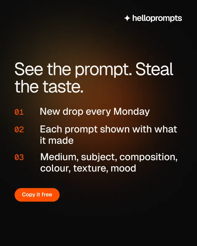 Instagram portrait post for HelloPrompts: "See the prompt. Steal the taste." Y2K style, numbered layout, dark palette in black, orange.