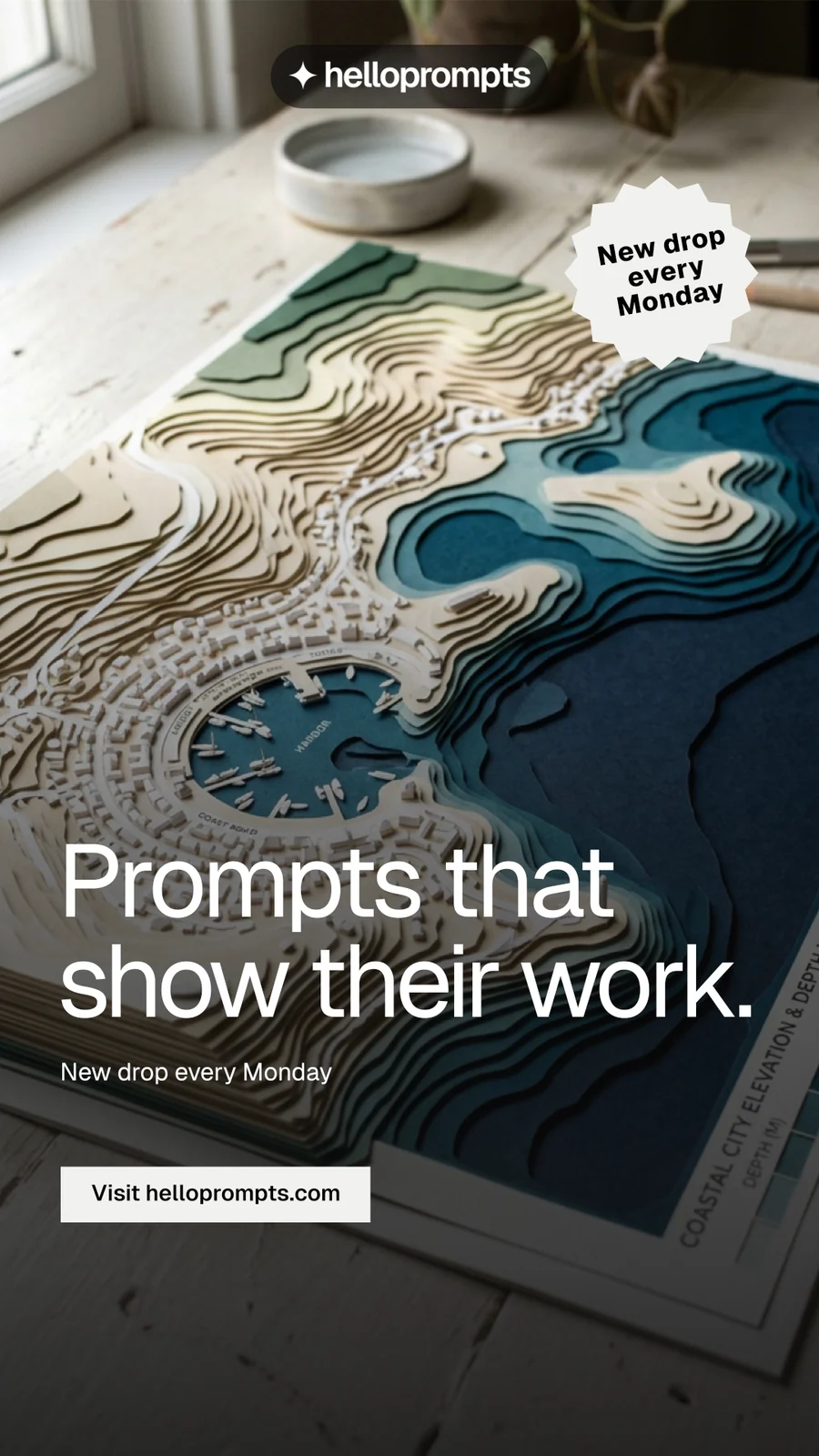 Instagram story for HelloPrompts: "Prompts that show their work." Swiss style, sticker layout, dark palette in grey, black.