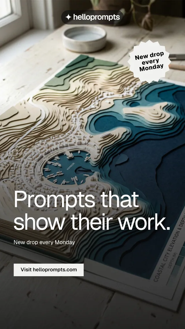 Instagram story for HelloPrompts: "Prompts that show their work." Swiss style, sticker layout, dark palette in grey, black.