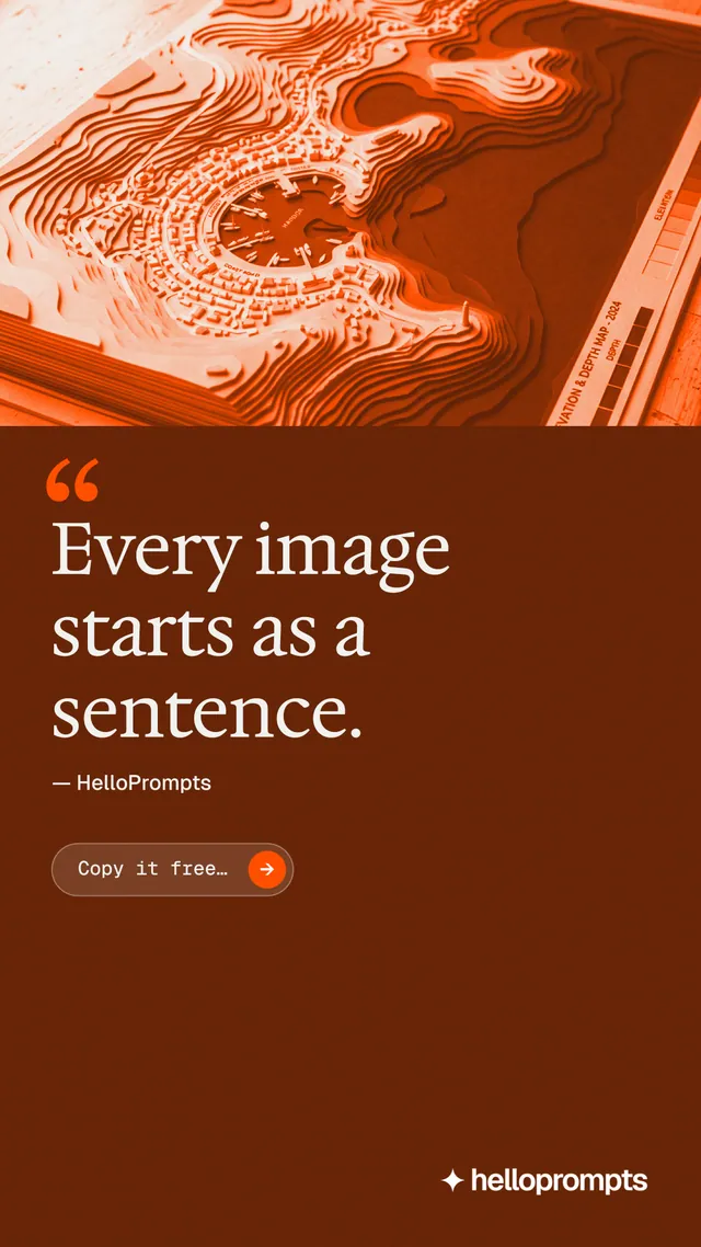 Instagram story for HelloPrompts: "Every image starts as a sentence." Agentic glass style, quote layout, dark palette in orange.