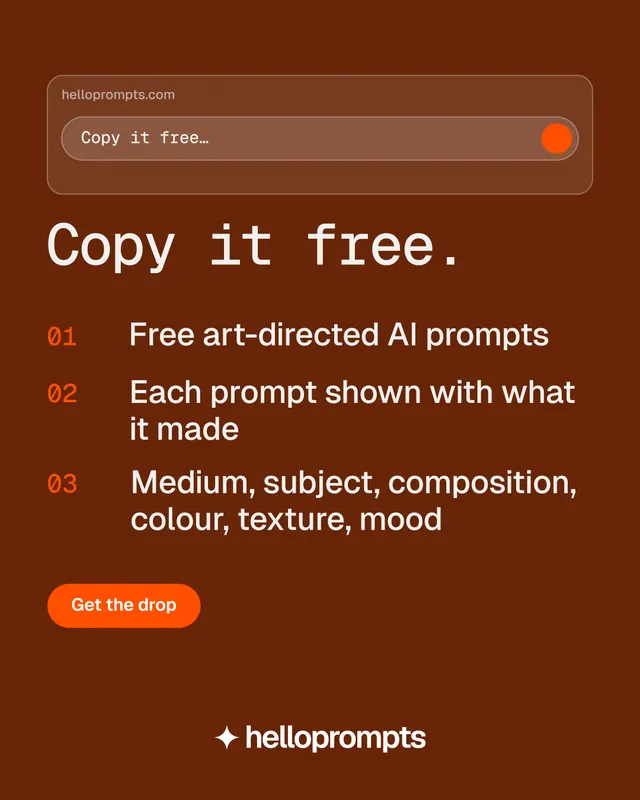 Instagram portrait post for HelloPrompts: "Copy it free." Y2K style, numbered layout, dark palette in orange, brown.