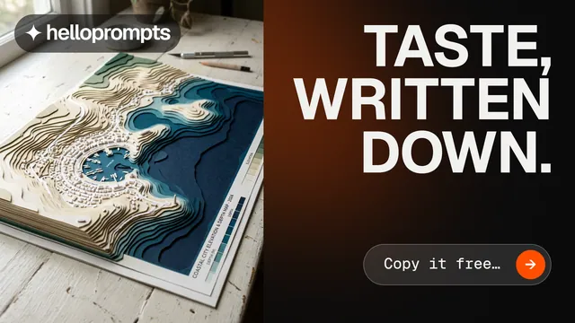 Landscape graphic for HelloPrompts: "Taste, written down." Agentic glass style, right layout, dark palette in black, orange, grey.