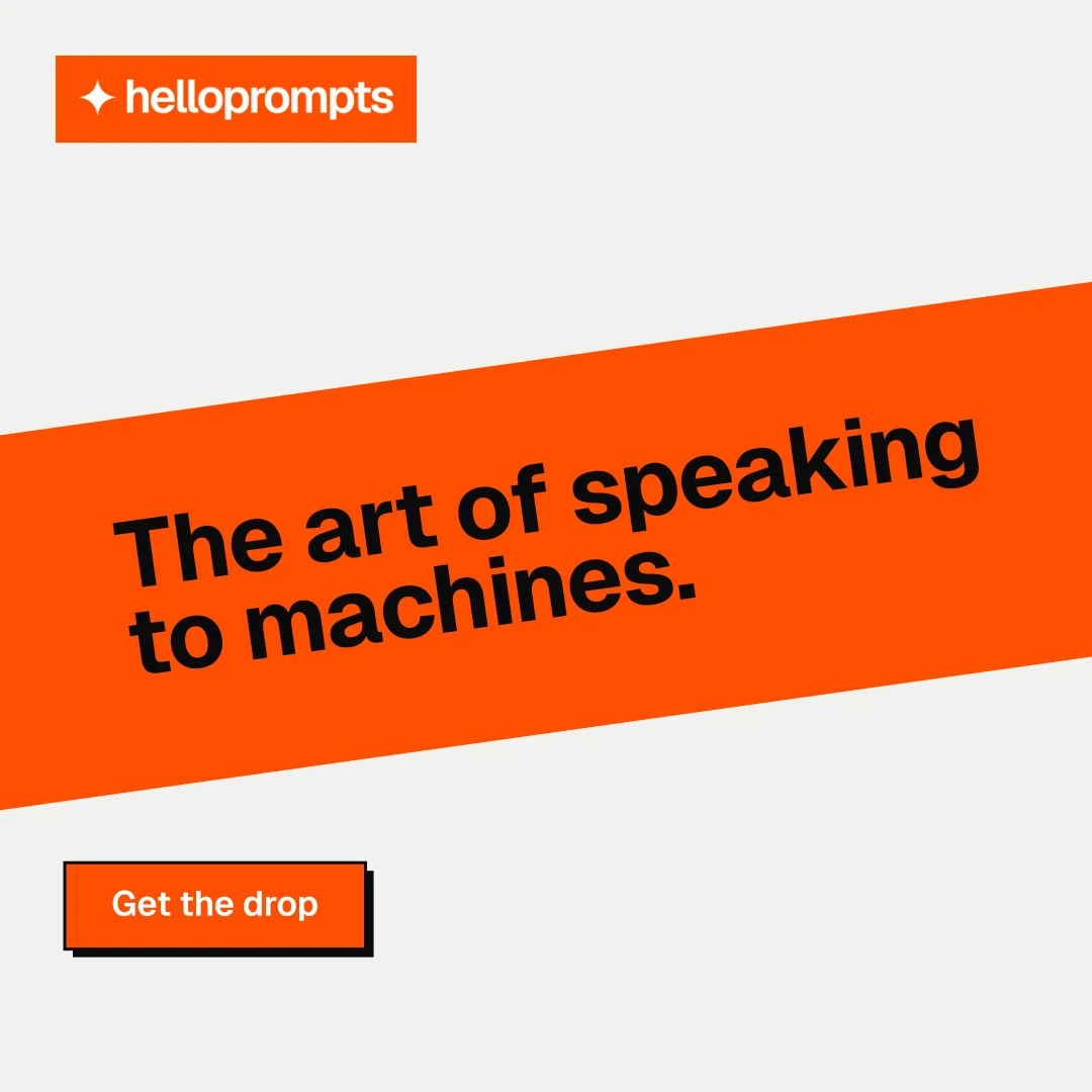 Instagram post for HelloPrompts: "The art of speaking to machines." Brutalist style, diagonal layout, light palette in white, orange.