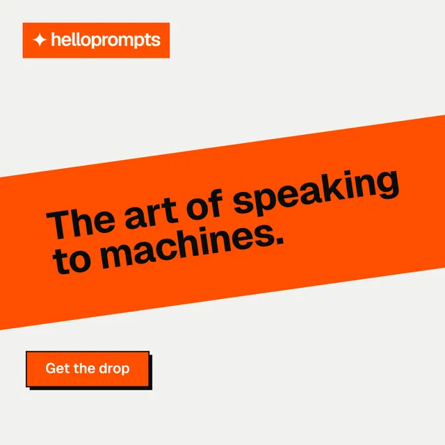 Instagram post for HelloPrompts: "The art of speaking to machines." Brutalist style, diagonal layout, light palette in white, orange.