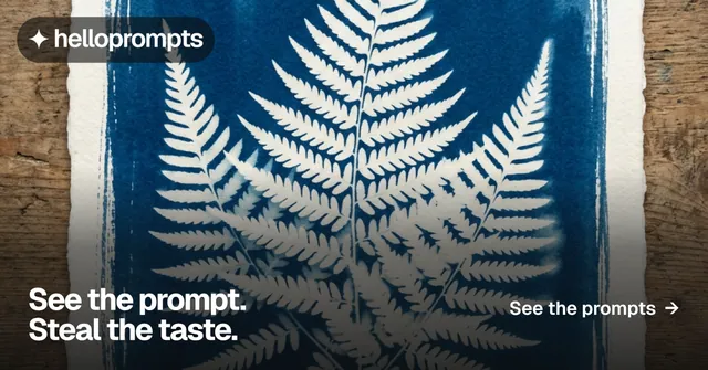 Social ad for HelloPrompts: "See the prompt. Steal the taste." Swiss style, image led layout, dark palette in grey, blue.