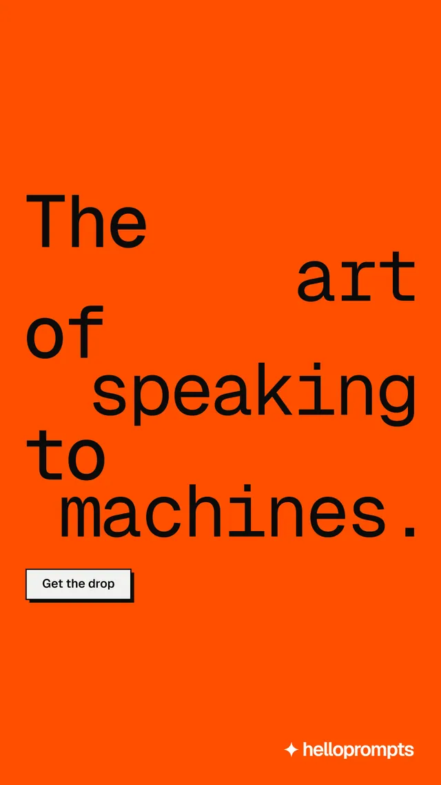 Instagram story for HelloPrompts: "The art of speaking to machines." Brutalist style, stacked layout, dark palette in orange.