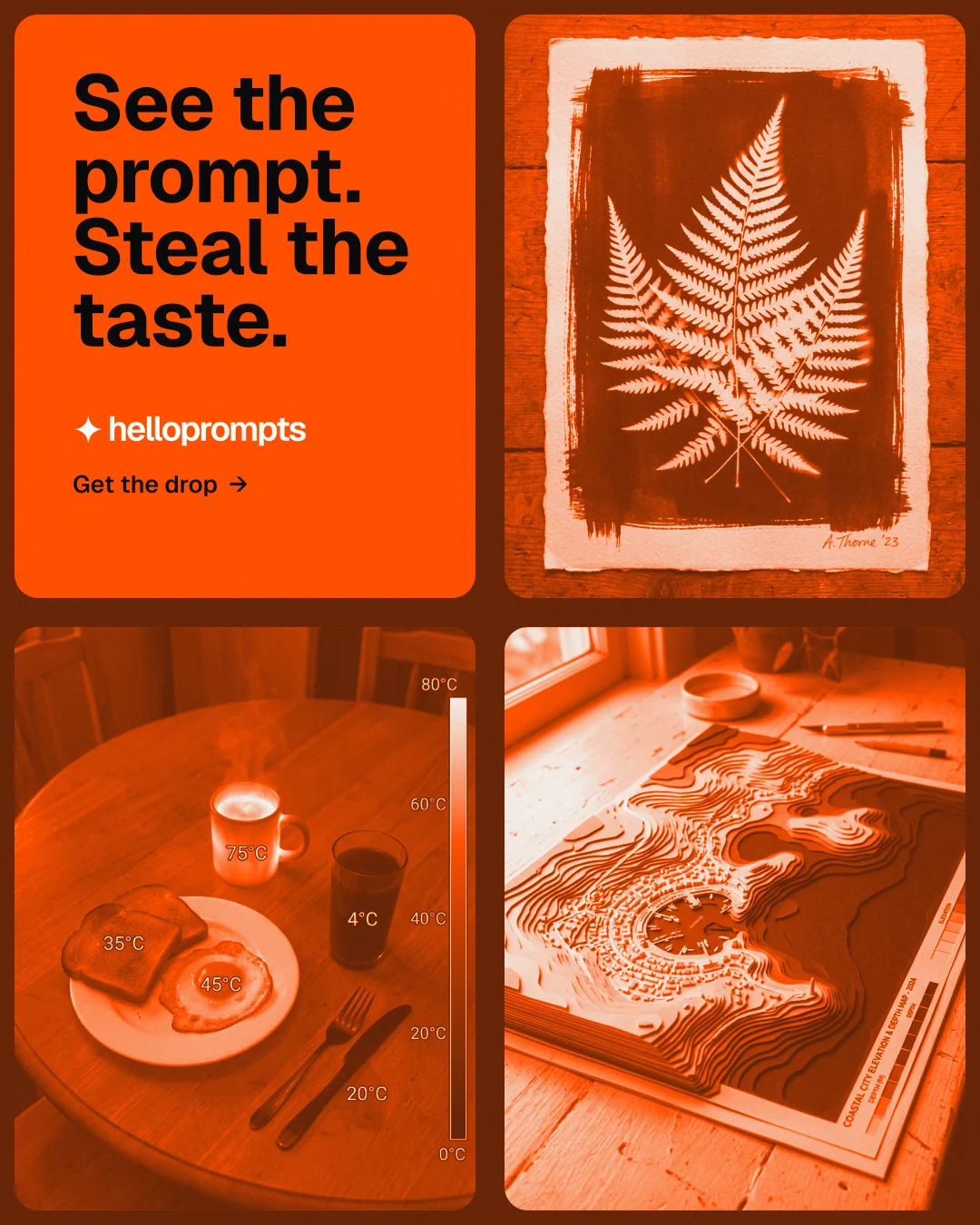 Instagram portrait post for HelloPrompts: "See the prompt. Steal the taste." Agentic glass style, collage layout, dark palette in orange.