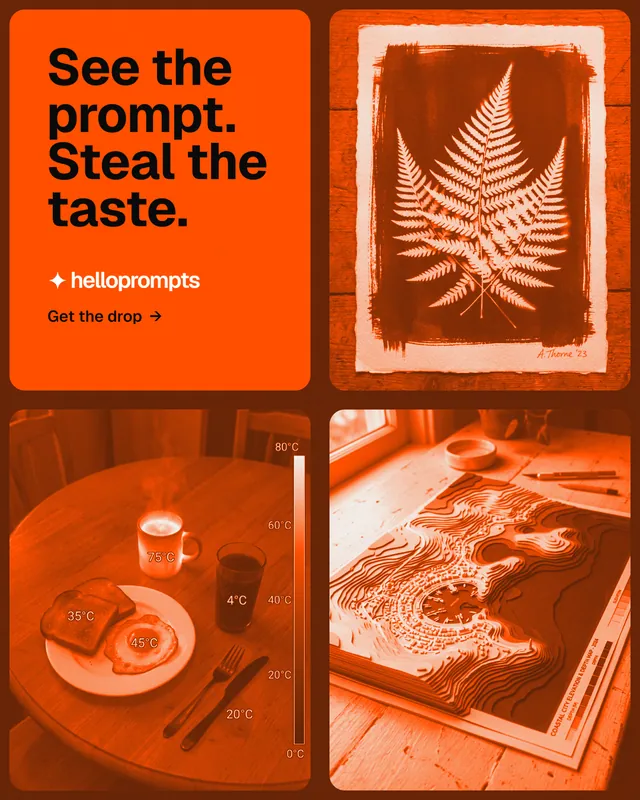 Instagram portrait post for HelloPrompts: "See the prompt. Steal the taste." Agentic glass style, collage layout, dark palette in orange.