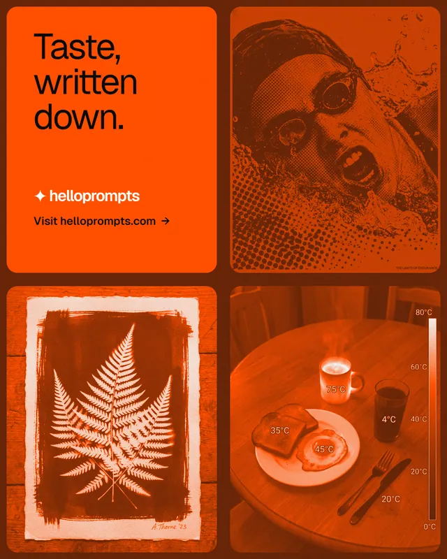 Instagram portrait post for HelloPrompts: "Taste, written down." Agentic glass style, collage layout, dark palette in orange.