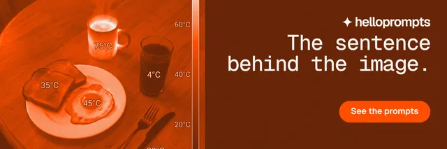 X header for HelloPrompts: "The sentence behind the image." Y2K style, right layout, dark palette in orange.