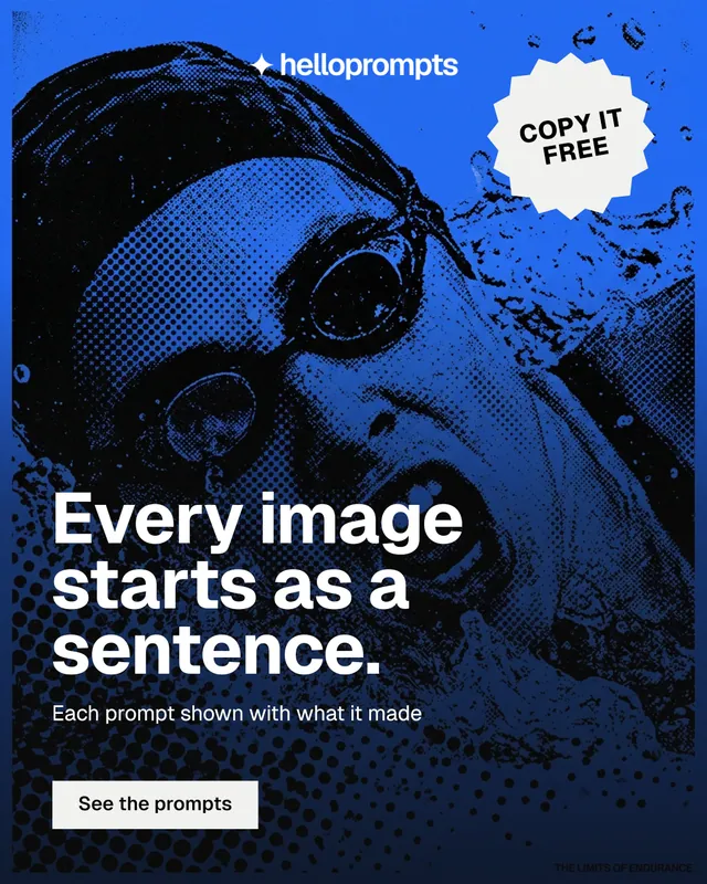 Instagram portrait post for HelloPrompts: "Every image starts as a sentence." Split block style, sticker layout, dark palette in blue, black.
