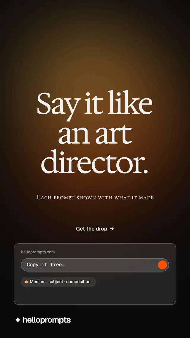 Instagram story for HelloPrompts: "Say it like an art director." Agentic glass style, smallcaps layout, dark palette in black, orange.