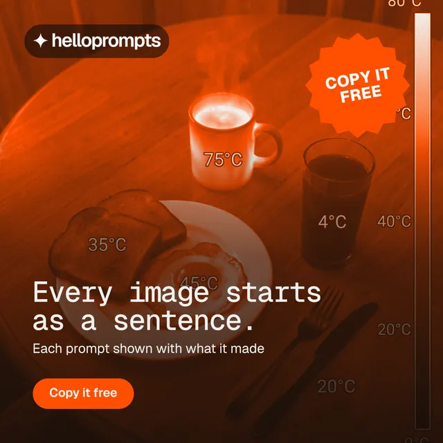 Instagram post for HelloPrompts: "Every image starts as a sentence." Y2K style, sticker layout, dark palette in black, orange, brown.