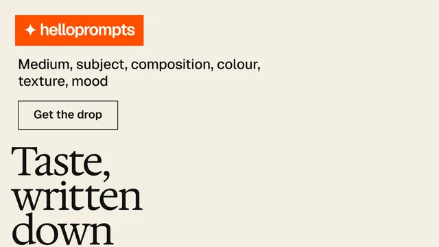 Landscape graphic for HelloPrompts: "Taste, written down." Editorial style, oversized layout, light palette in white, orange, yellow.