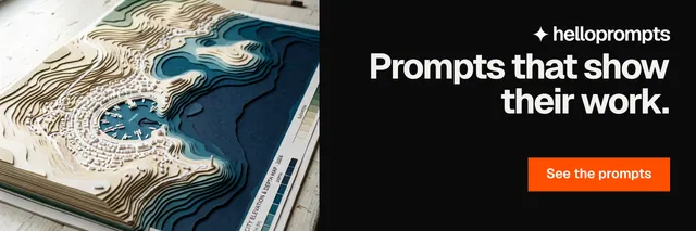 X header for HelloPrompts: "Prompts that show their work." Split block style, right layout, dark palette in black, grey, blue.