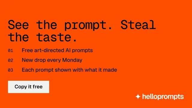 Landscape graphic for HelloPrompts: "See the prompt. Steal the taste." Swiss style, numbered layout, dark palette in orange.