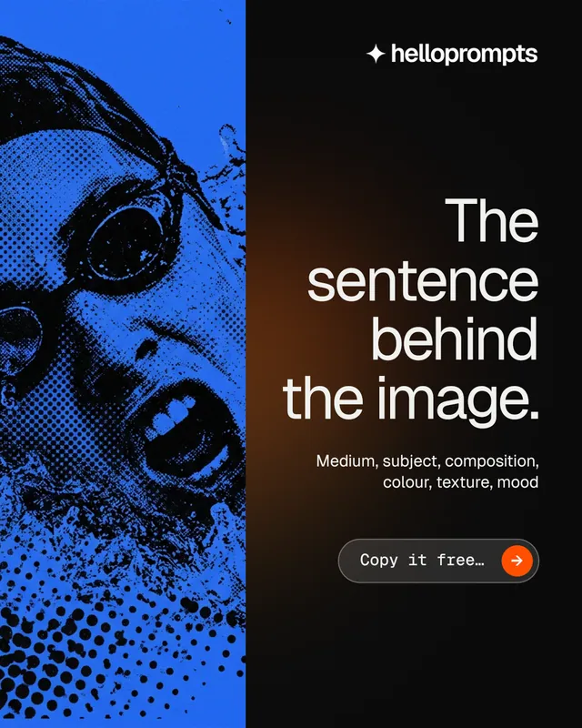 Instagram portrait post for HelloPrompts: "The sentence behind the image." Agentic glass style, right layout, dark palette in black, blue.