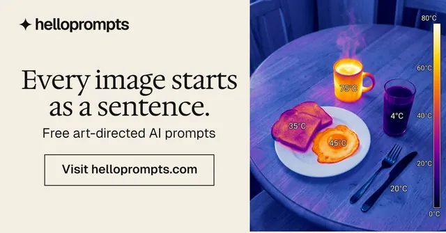 Social ad for HelloPrompts: "Every image starts as a sentence." Editorial style, skeleton layout, light palette in white, blue, grey.