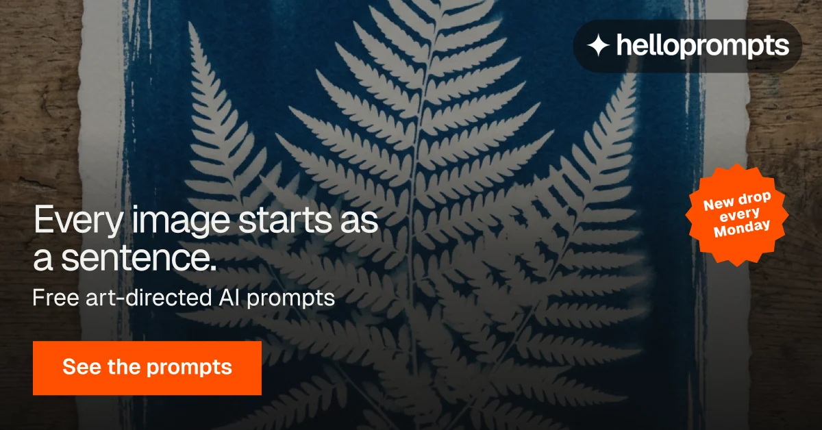 Social ad for HelloPrompts: "Every image starts as a sentence." Swiss style, sticker layout, dark palette in black, grey, orange.