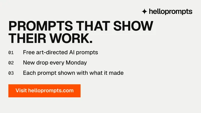 Landscape graphic for HelloPrompts: "Prompts that show their work." Swiss style, numbered layout, light palette in white, orange.