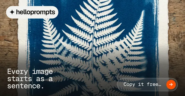 Social ad for HelloPrompts: "Every image starts as a sentence." Agentic glass style, image led layout, dark palette in grey, blue, black.