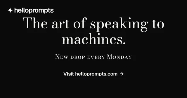 Social ad for HelloPrompts: "The art of speaking to machines." Minimal luxury style, smallcaps layout, dark palette in black.