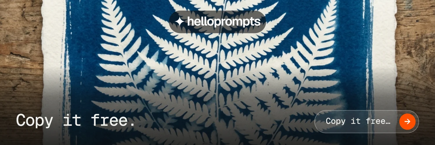X header for HelloPrompts: "Copy it free." Agentic glass style, image led layout, dark palette in blue, grey, black.
