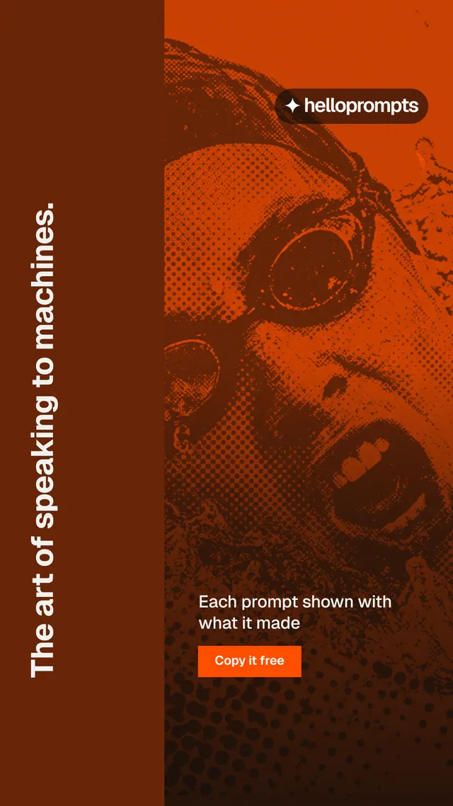 Instagram story for HelloPrompts: "The art of speaking to machines." Swiss style, vertical layout, dark palette in orange.