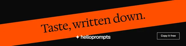 LinkedIn banner for HelloPrompts: "Taste, written down." Editorial style, diagonal layout, dark palette in black, orange.
