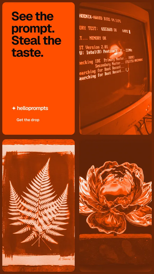 Instagram story for HelloPrompts: "See the prompt. Steal the taste." Y2K style, collage layout, dark palette in orange.