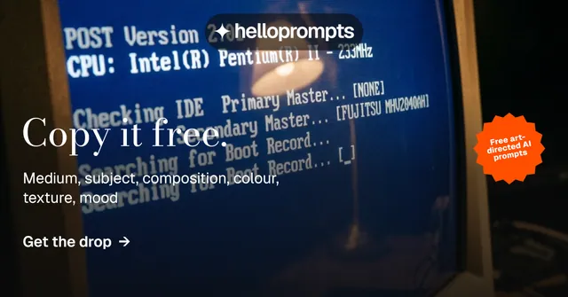 Social ad for HelloPrompts: "Copy it free." Minimal luxury style, sticker layout, dark palette in blue, grey, black.