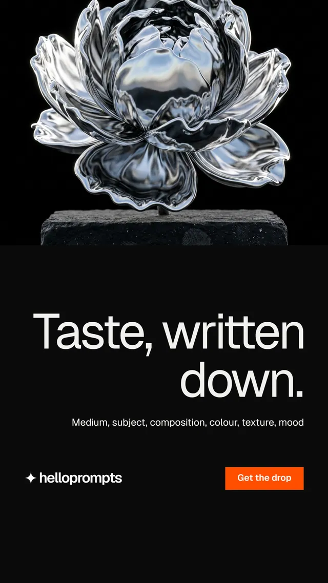 Instagram story for HelloPrompts: "Taste, written down." Split block style, right layout, dark palette in black, grey.