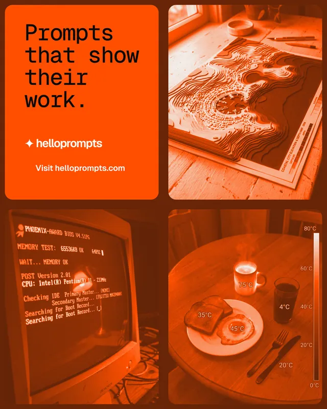 Instagram portrait post for HelloPrompts: "Prompts that show their work." Y2K style, collage layout, dark palette in orange.
