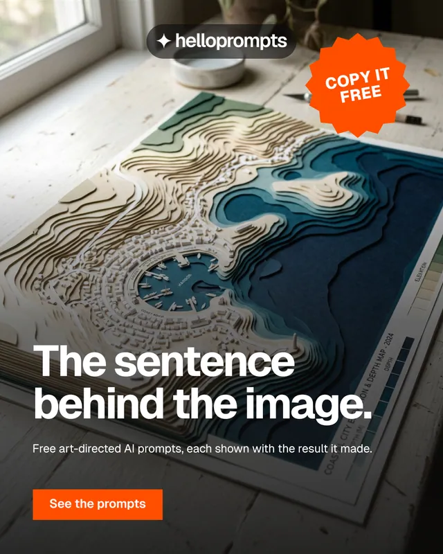 Instagram portrait post for HelloPrompts: "The sentence behind the image." Swiss style, sticker layout, dark palette in grey, black, orange.