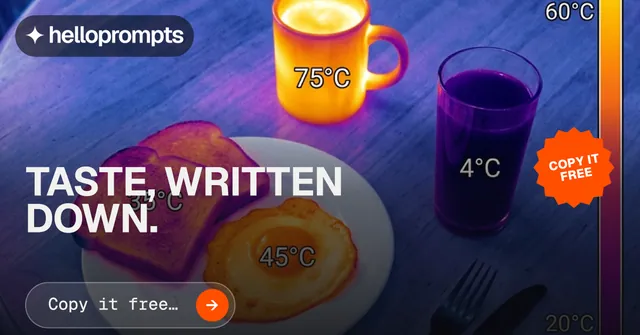 Social ad for HelloPrompts: "Taste, written down." Agentic glass style, sticker layout, dark palette in blue, grey, purple.
