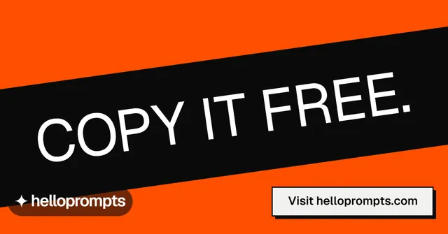 Social ad for HelloPrompts: "Copy it free." Brutalist style, diagonal layout, dark palette in orange, black.