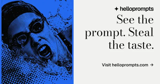 Social ad for HelloPrompts: "See the prompt. Steal the taste." Minimal luxury style, right layout, light palette in white, blue.