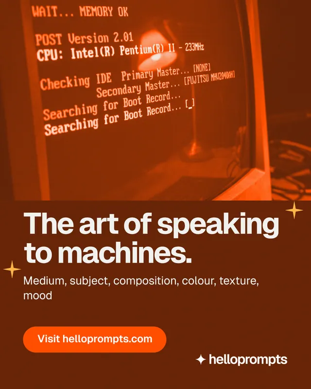 Instagram portrait post for HelloPrompts: "The art of speaking to machines." Y2K style, skeleton layout, dark palette in orange, brown.