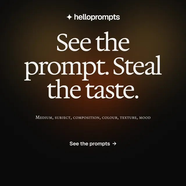 Instagram post for HelloPrompts: "See the prompt. Steal the taste." Agentic glass style, smallcaps layout, dark palette in black, orange.