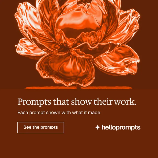 Instagram post for HelloPrompts: "Prompts that show their work." Editorial style, bottom layout, dark palette in orange.