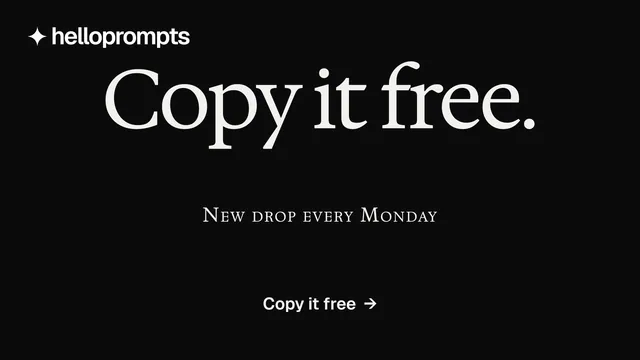 Landscape graphic for HelloPrompts: "Copy it free." Swiss style, smallcaps layout, dark palette in black, grey.