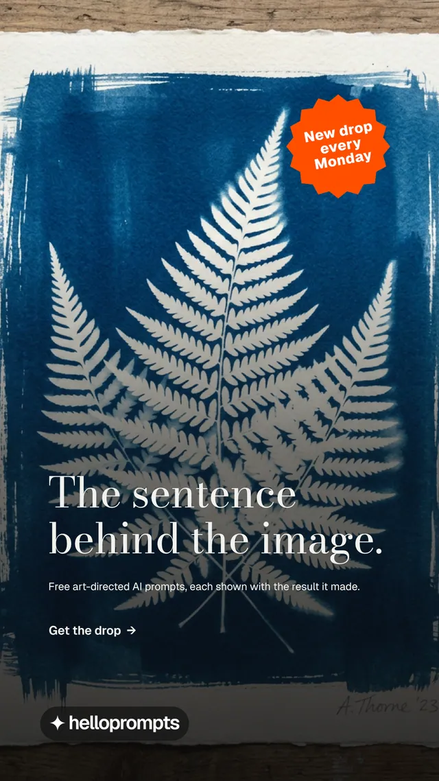 Instagram story for HelloPrompts: "The sentence behind the image." Minimal luxury style, sticker layout, dark palette in blue, black, grey.