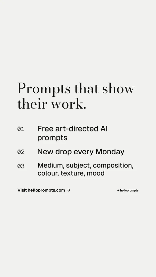 Instagram story for HelloPrompts: "Prompts that show their work." Minimal luxury style, numbered layout, light palette in white, grey.