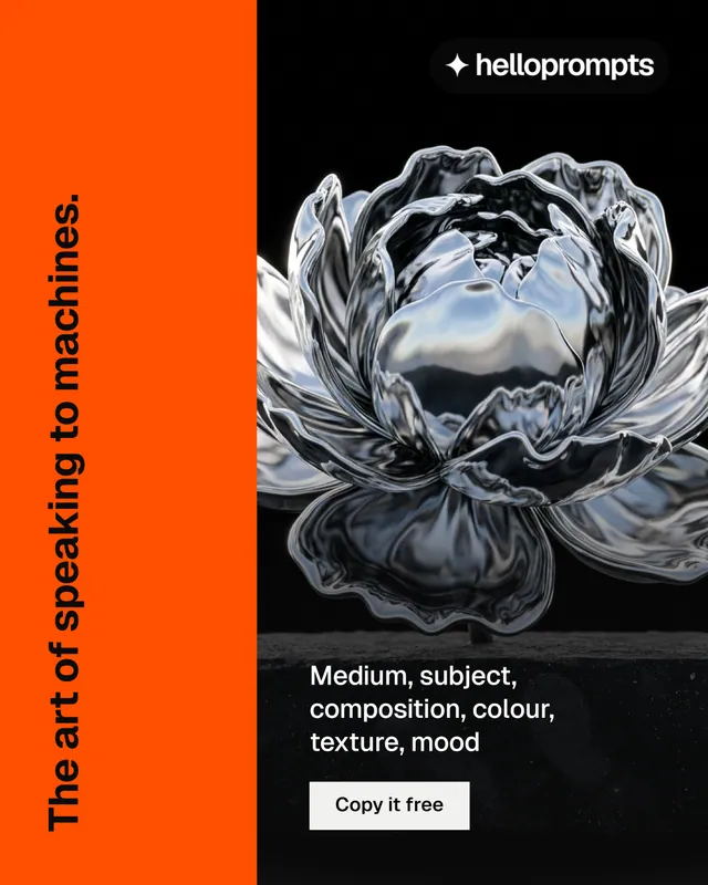 Instagram portrait post for HelloPrompts: "The art of speaking to machines." Split block style, vertical layout, dark palette in orange, black, grey.