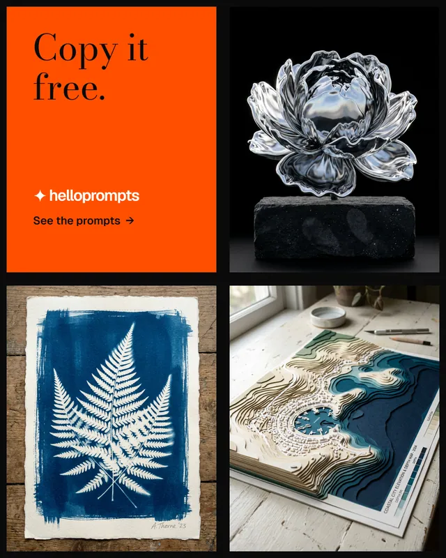 Instagram portrait post for HelloPrompts: "Copy it free." Minimal luxury style, collage layout, dark palette in black, orange, grey.