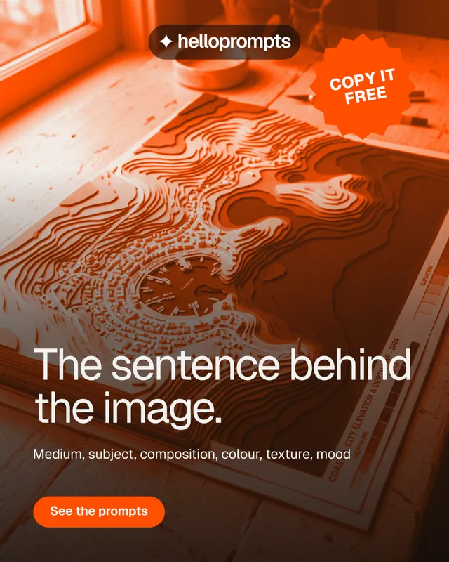 Instagram portrait post for HelloPrompts: "The sentence behind the image." Y2K style, sticker layout, dark palette in orange, brown.